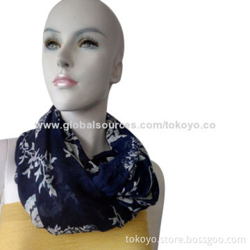 Viscose scarf with screen print, made of viscose and modal, indigo ground color, clean white flower